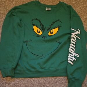 Green Grinch Face Sweatshirt with "Naughty" Sleeve Script